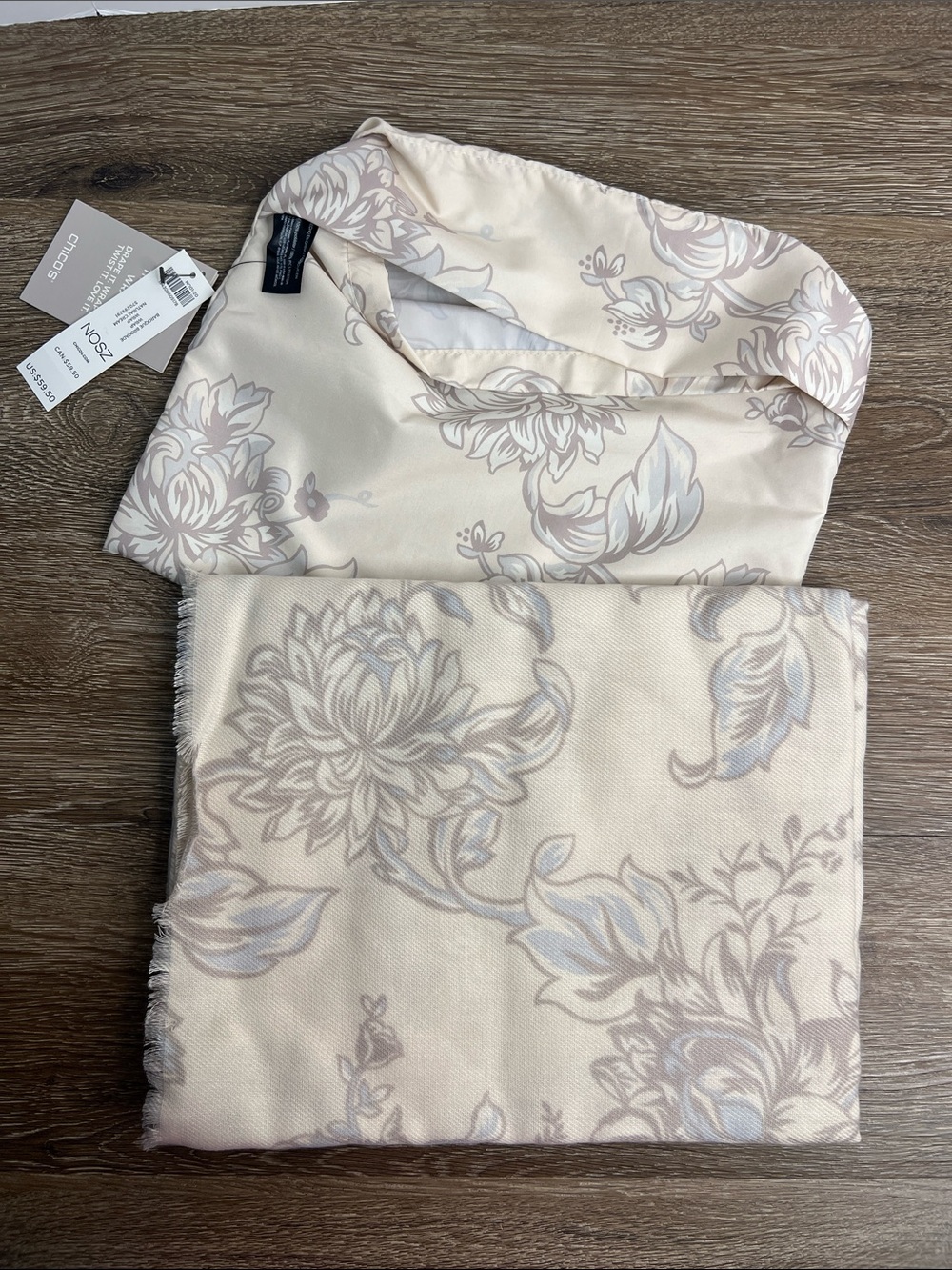 Chico’s Floral Print Oversized Scarf Wrap Shawl Cream Gray One Size NWT